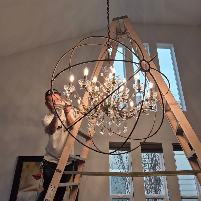 chandelier install with Red chandelier installation