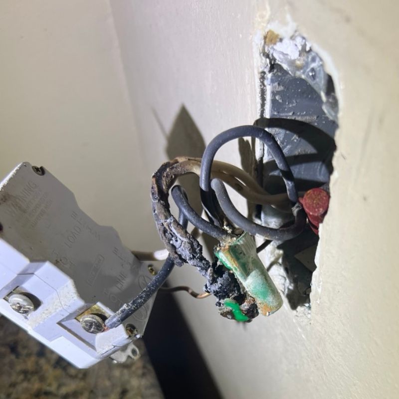 outlet wire burnt Castle Rock Burned electrical outlet wiring found during an emergency repair in Castle Rock, CO